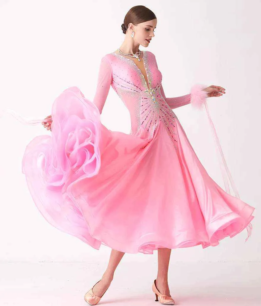 Custom Size Pink Feather Competition Ballroom Dance Dresses for Women Girls National Standard Waltz Tango Rhythm Dancing Gown