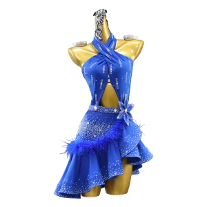Custom size Royal blue feather rhinestones Latin dance Dresses for women girls salsa rumba chacha samba dance competition performance costumes
