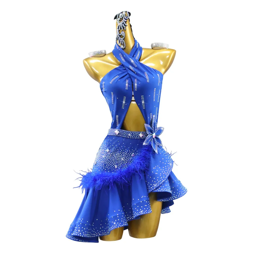Custom size Royal blue feather rhinestones Latin dance Dresses for women girls salsa rumba chacha samba dance competition performance costumes