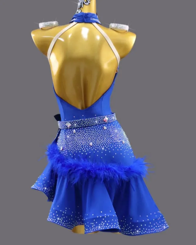 Custom size Royal blue feather rhinestones Latin dance Dresses for women girls salsa rumba chacha samba dance competition performance costumes