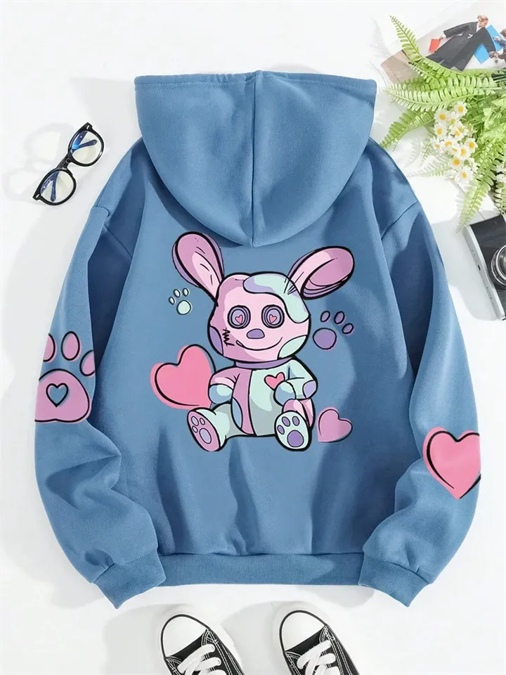 Cute Pink Heart Rabbit Printed Harajuku Hoodies for Women