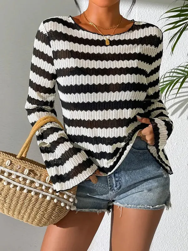 Dana - elegant striped t-shirt with neckline and bell sleeves for women