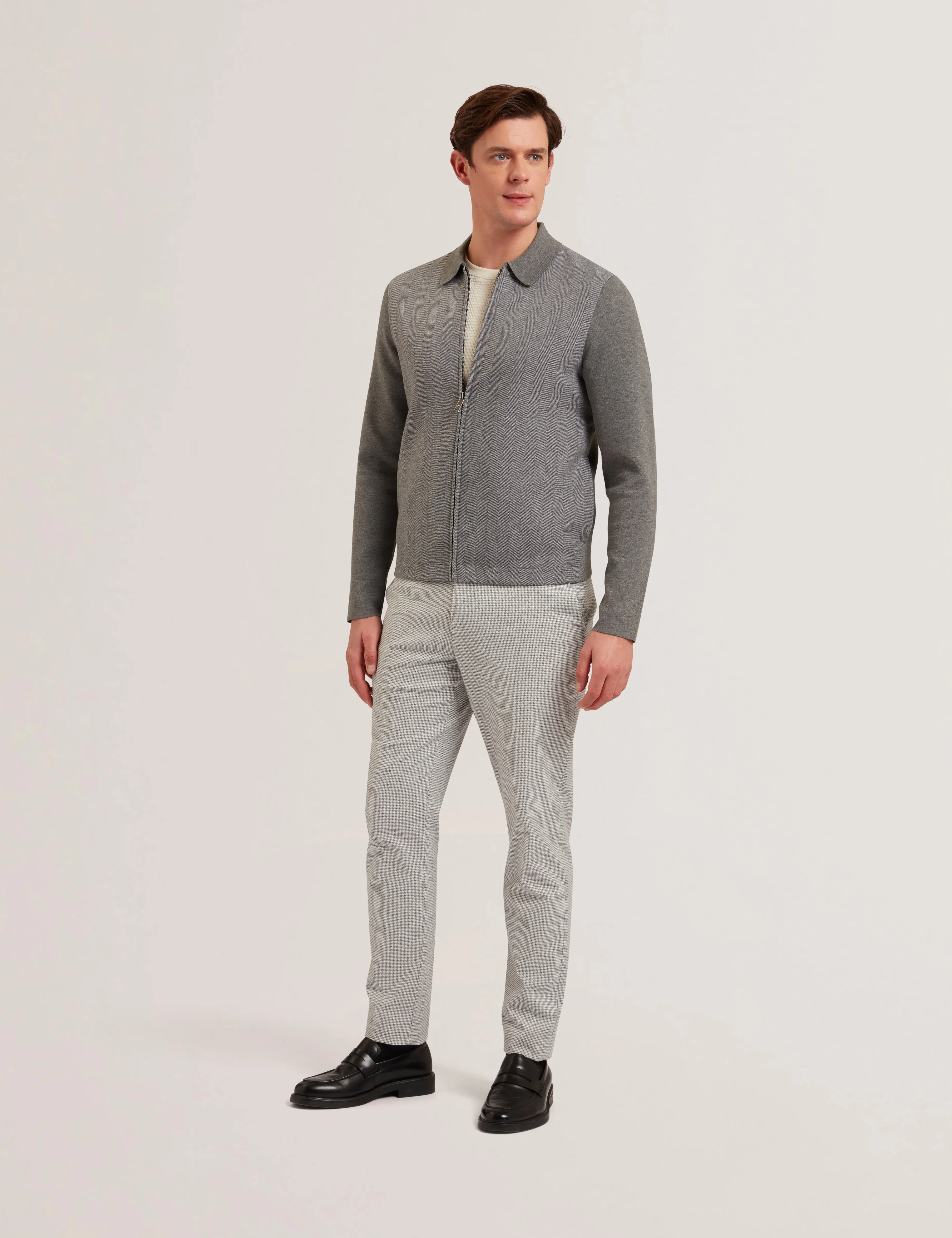 Dejo Herringbone Front Zip Through Grey
