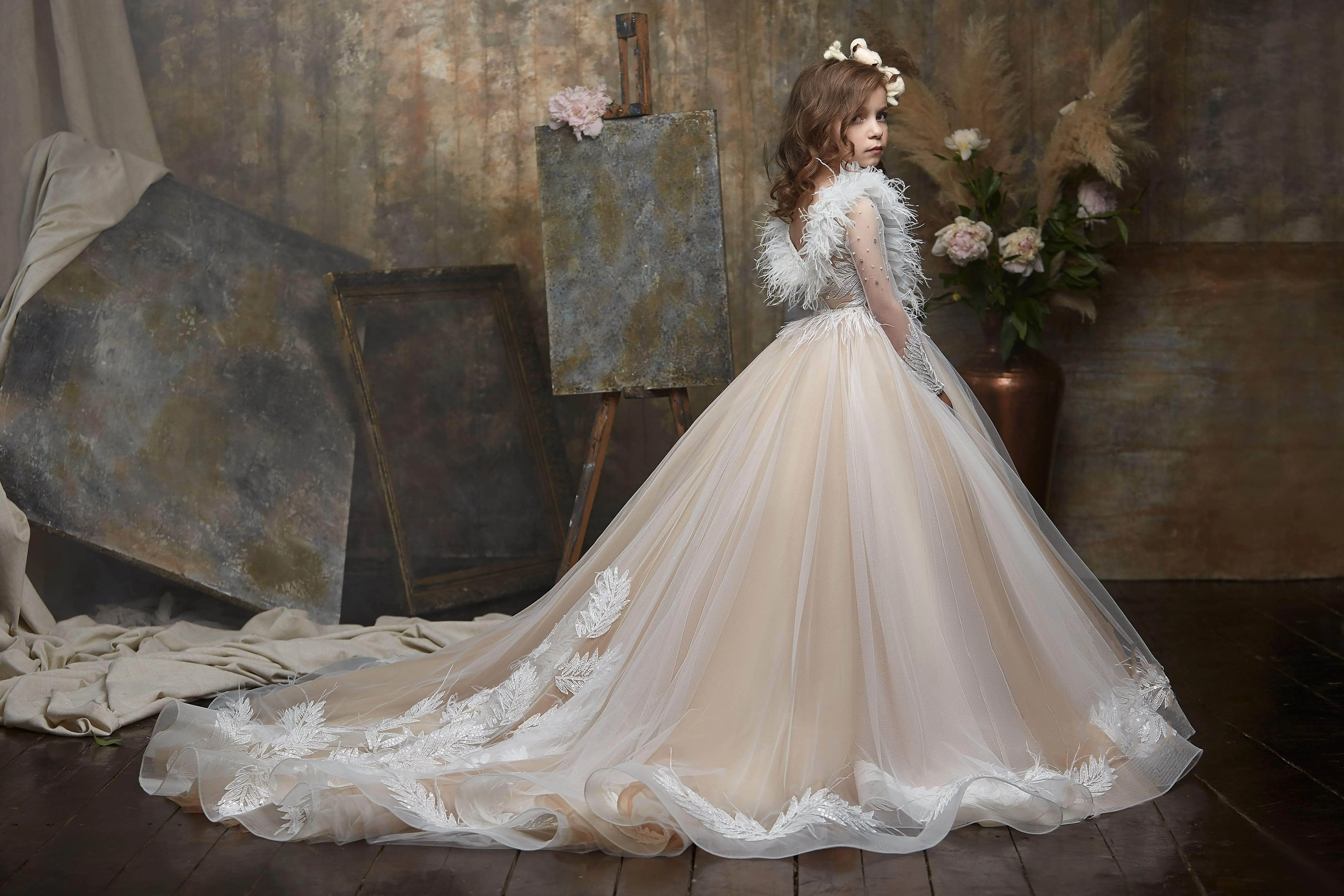 Divine Cappuccino Flower Girl Dress with Feathers
