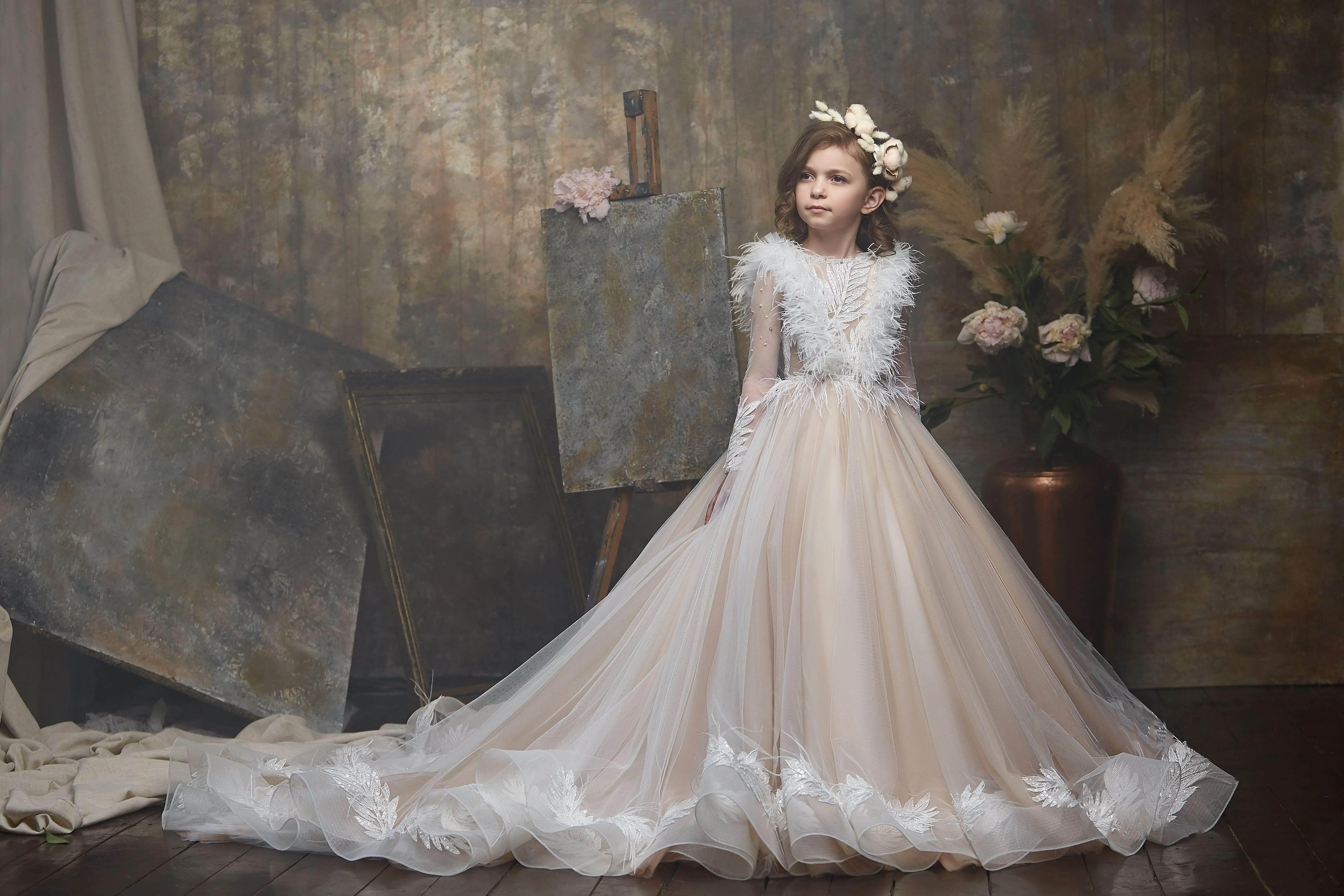 Divine Cappuccino Flower Girl Dress with Feathers