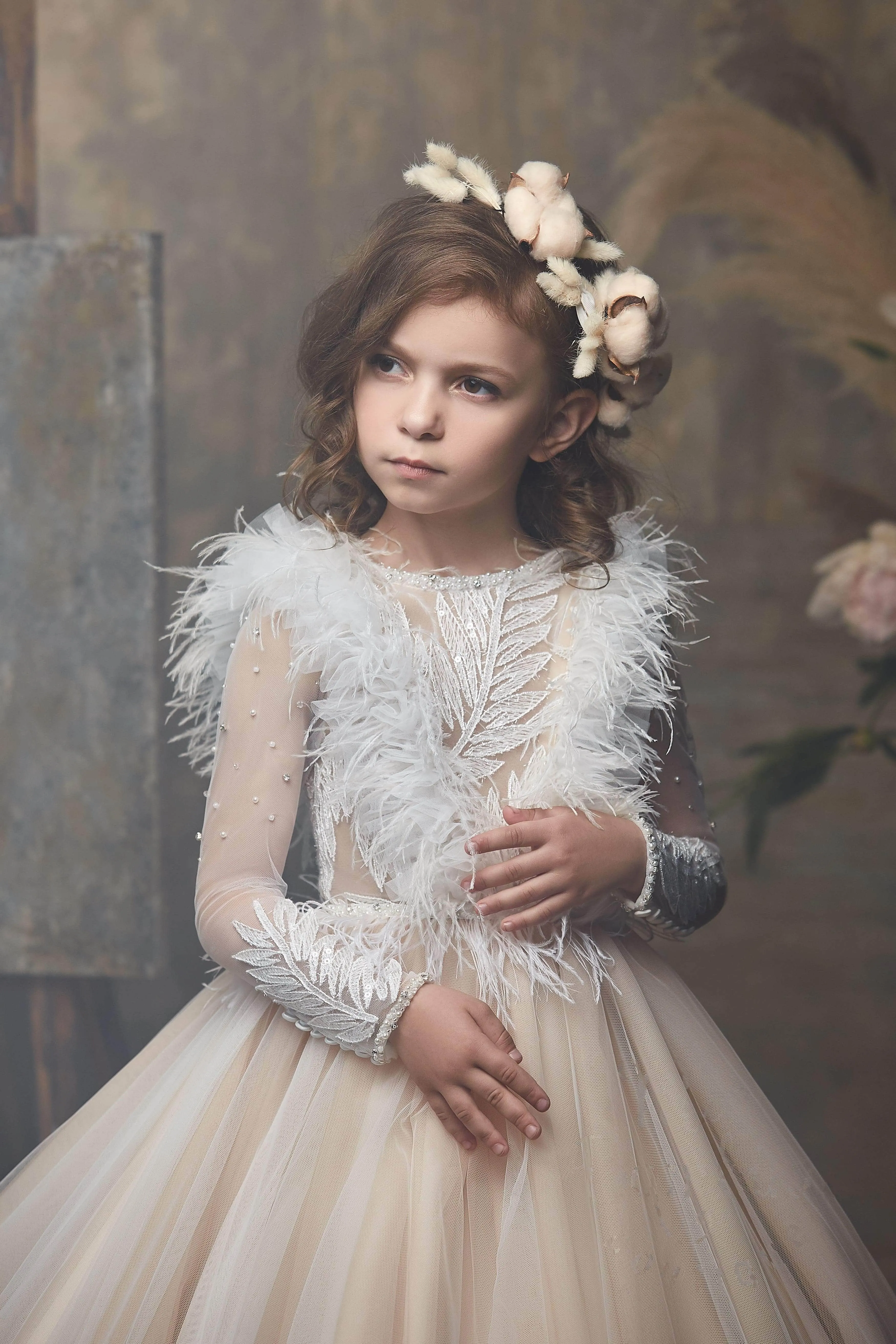 Divine Cappuccino Flower Girl Dress with Feathers