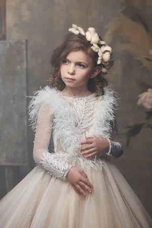 Divine Cappuccino Flower Girl Dress with Feathers