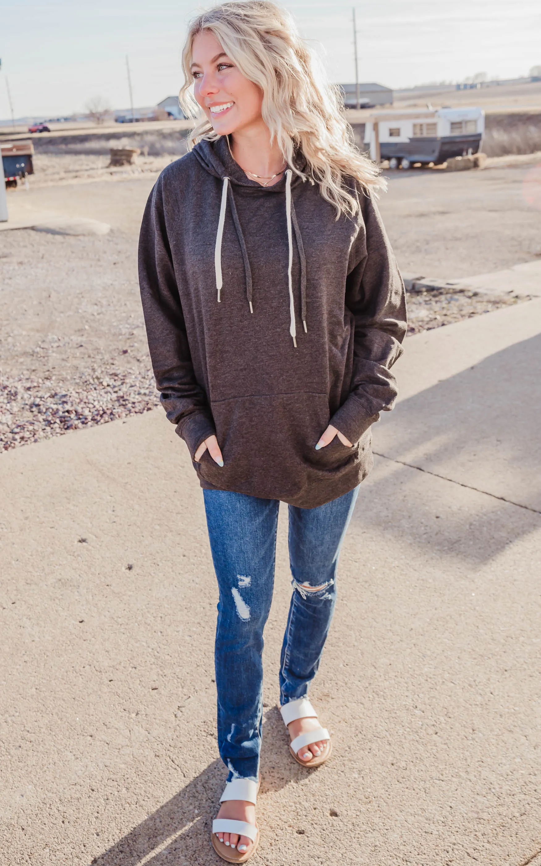 Double String Solid Hoodie **