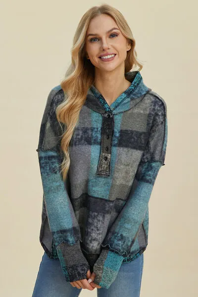 Double Take Full Size Plaid Dropped Shoulder Fleece Hoodie