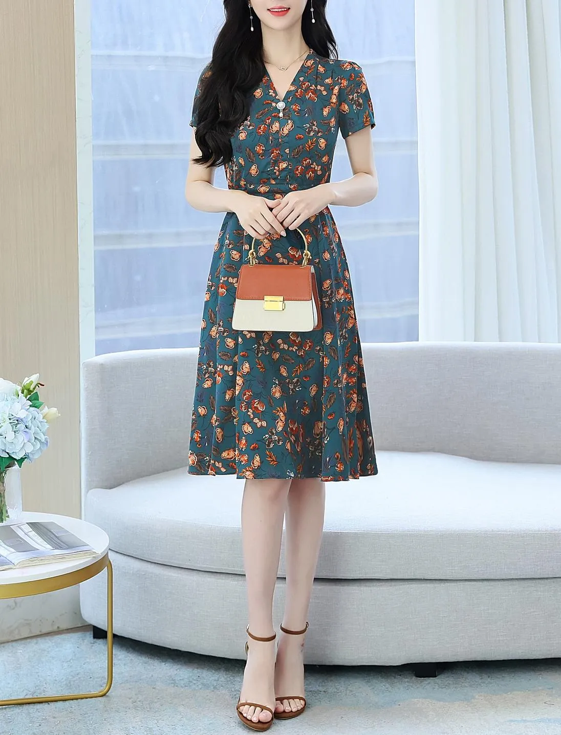 Elegant Mid-Length Floral Print Dress for Women