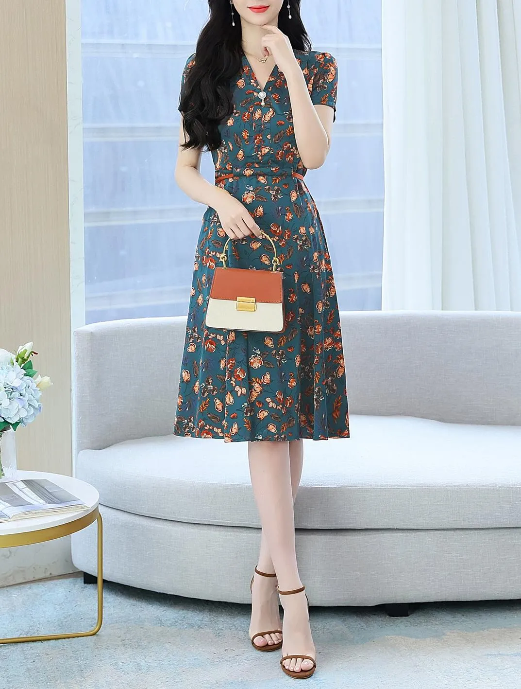 Elegant Mid-Length Floral Print Dress for Women