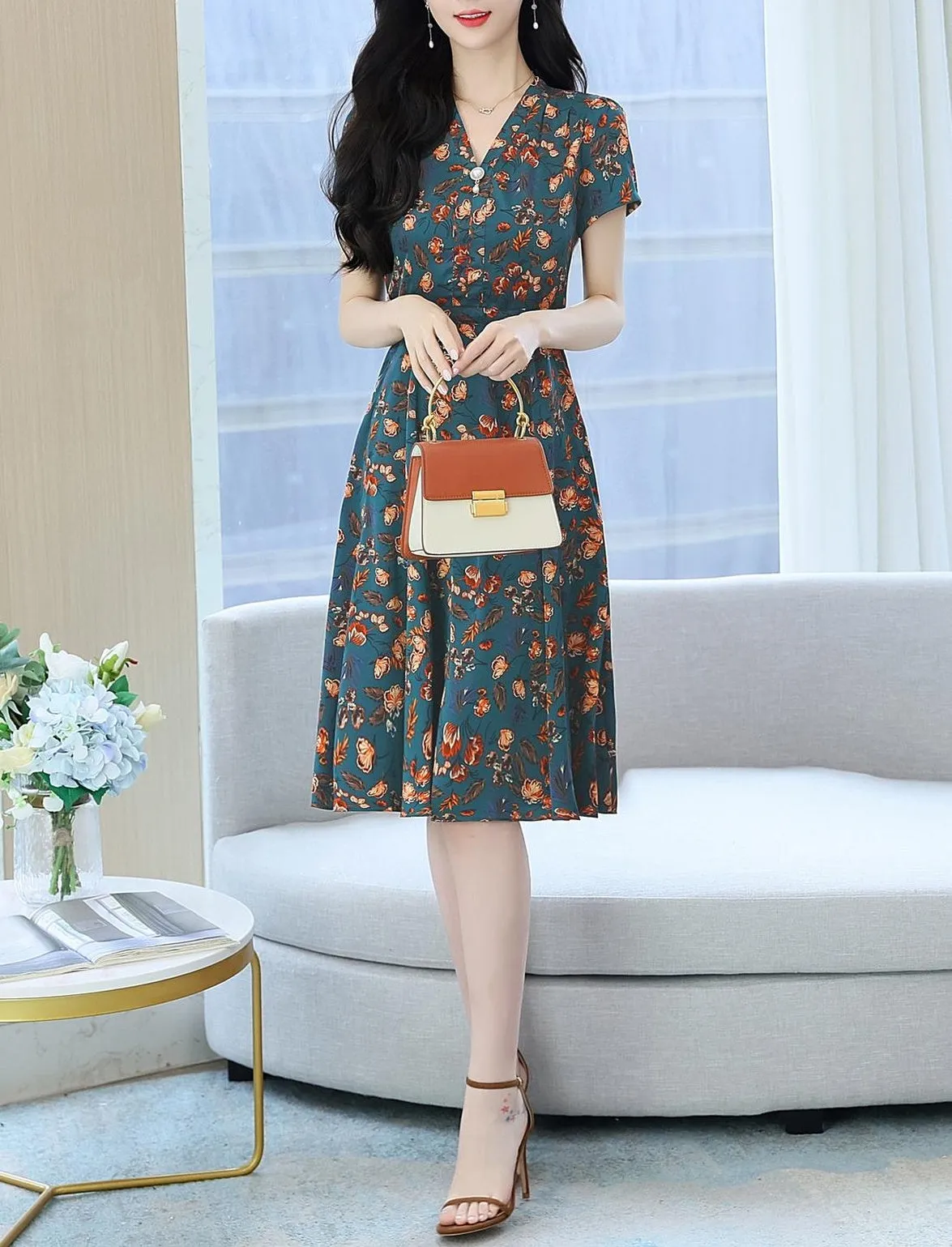 Elegant Mid-Length Floral Print Dress for Women