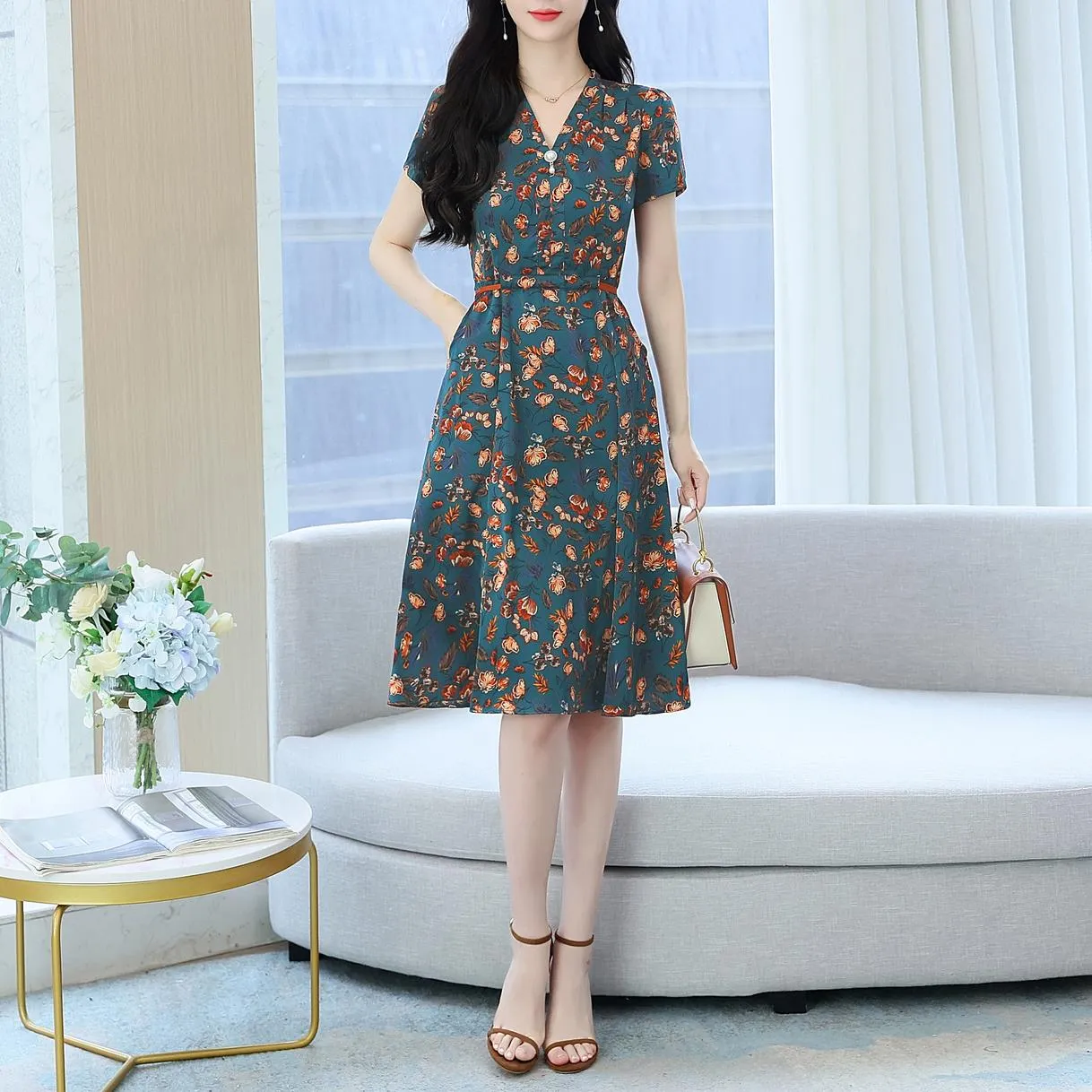 Elegant Mid-Length Floral Print Dress for Women