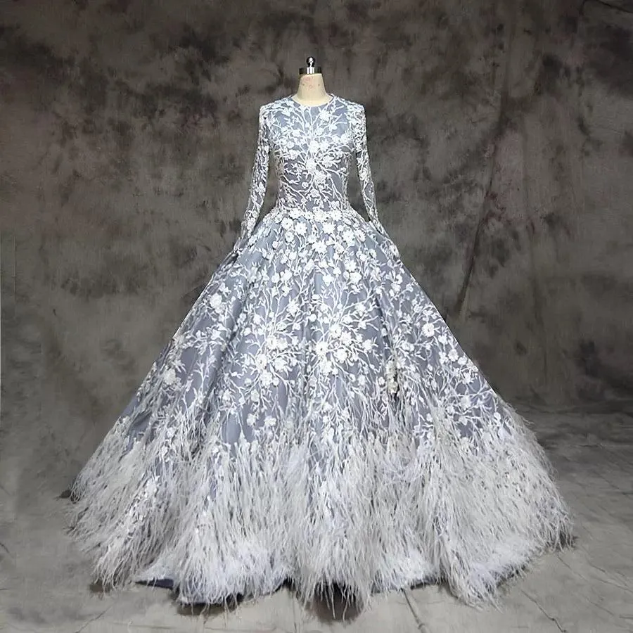Elegant Muslim Feather Long Sleeves Wedding Dress