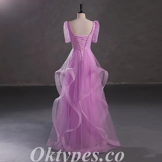 Elegant Sequin Top Tulle Bottom Beading Lace Up Back A-Line Long Prom Dresses,PDS0466