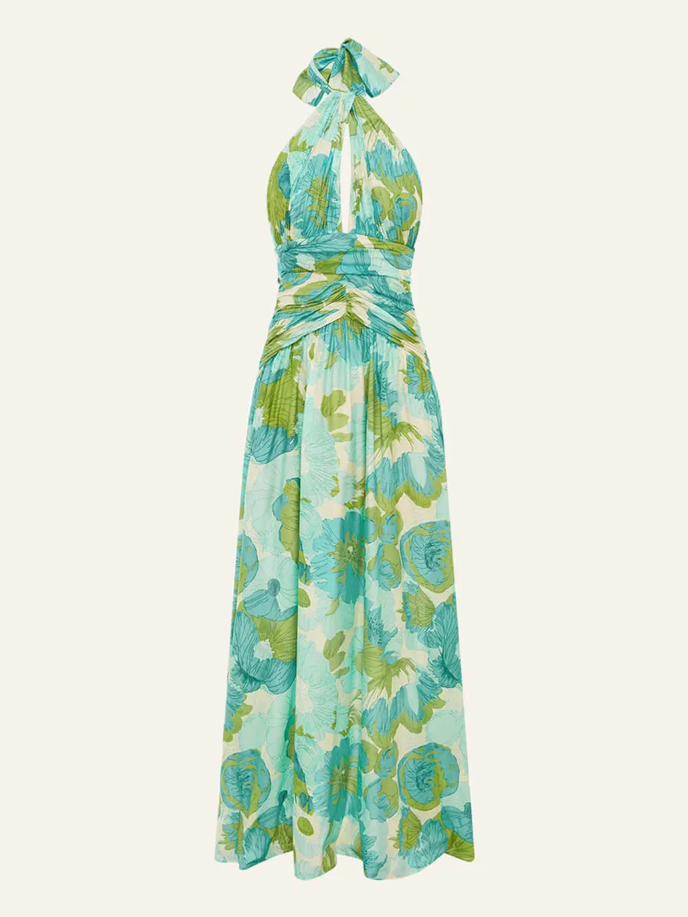 Elegant Versatile Halter Neck Graceful Printed Pleated Maxi Dress