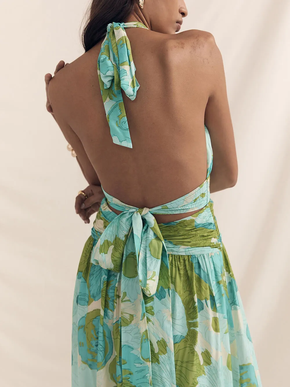 Elegant Versatile Halter Neck Graceful Printed Pleated Maxi Dress