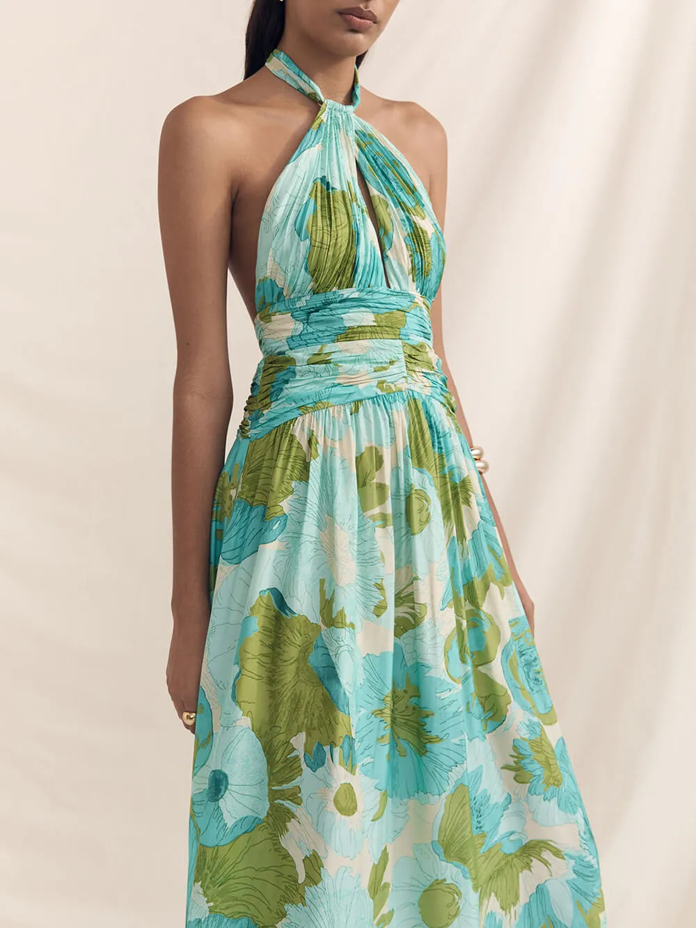 Elegant Versatile Halter Neck Graceful Printed Pleated Maxi Dress