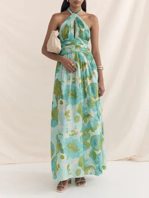 Elegant Versatile Halter Neck Graceful Printed Pleated Maxi Dress