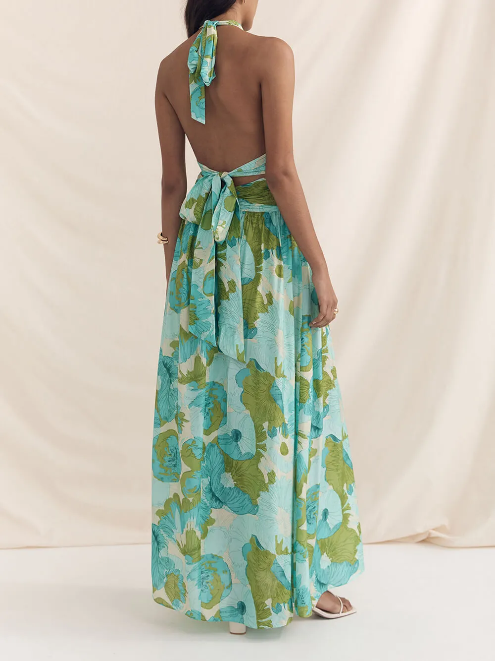 Elegant Versatile Halter Neck Graceful Printed Pleated Maxi Dress