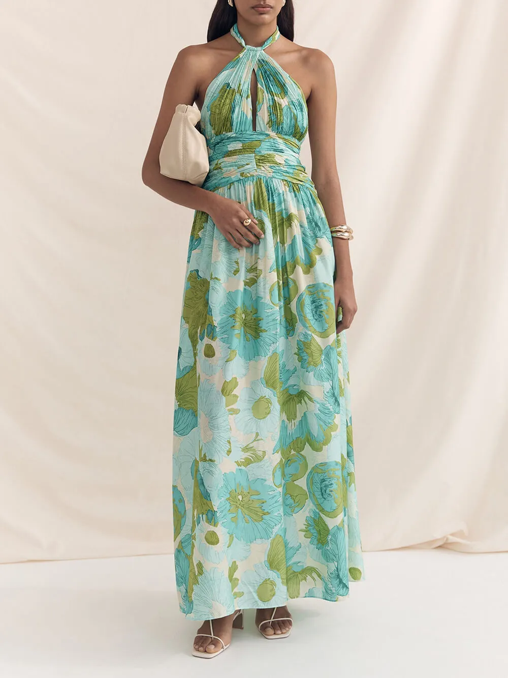 Elegant Versatile Halter Neck Graceful Printed Pleated Maxi Dress