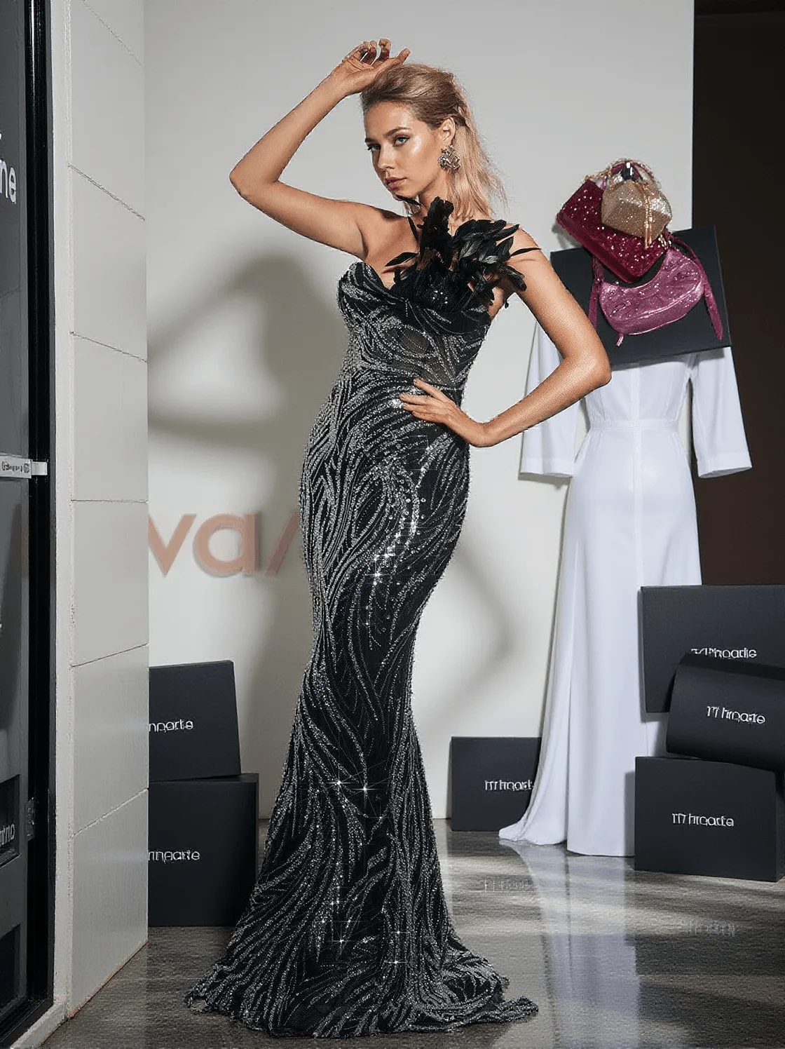 Ellery Strapless Sequin Feather Maxi Dress