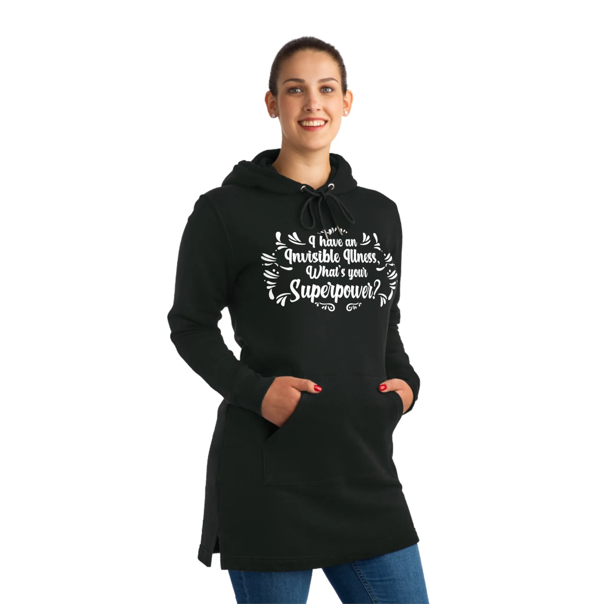 Embracing My Haunted Health Vibes, Women's Streeter Organic Hoodie Dress (Dark), Printed