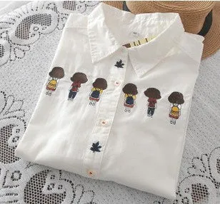 Embroidered collar color white cotton long sleeve shirt women blouse ladies office shirts