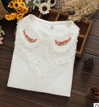 Embroidered collar color white cotton long sleeve shirt women blouse ladies office shirts