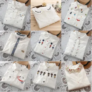 Embroidered collar color white cotton long sleeve shirt women blouse ladies office shirts