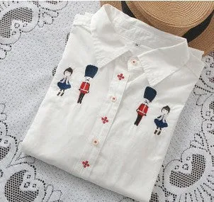 Embroidered collar color white cotton long sleeve shirt women blouse ladies office shirts