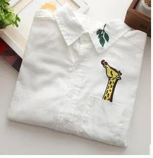 Embroidered collar color white cotton long sleeve shirt women blouse ladies office shirts