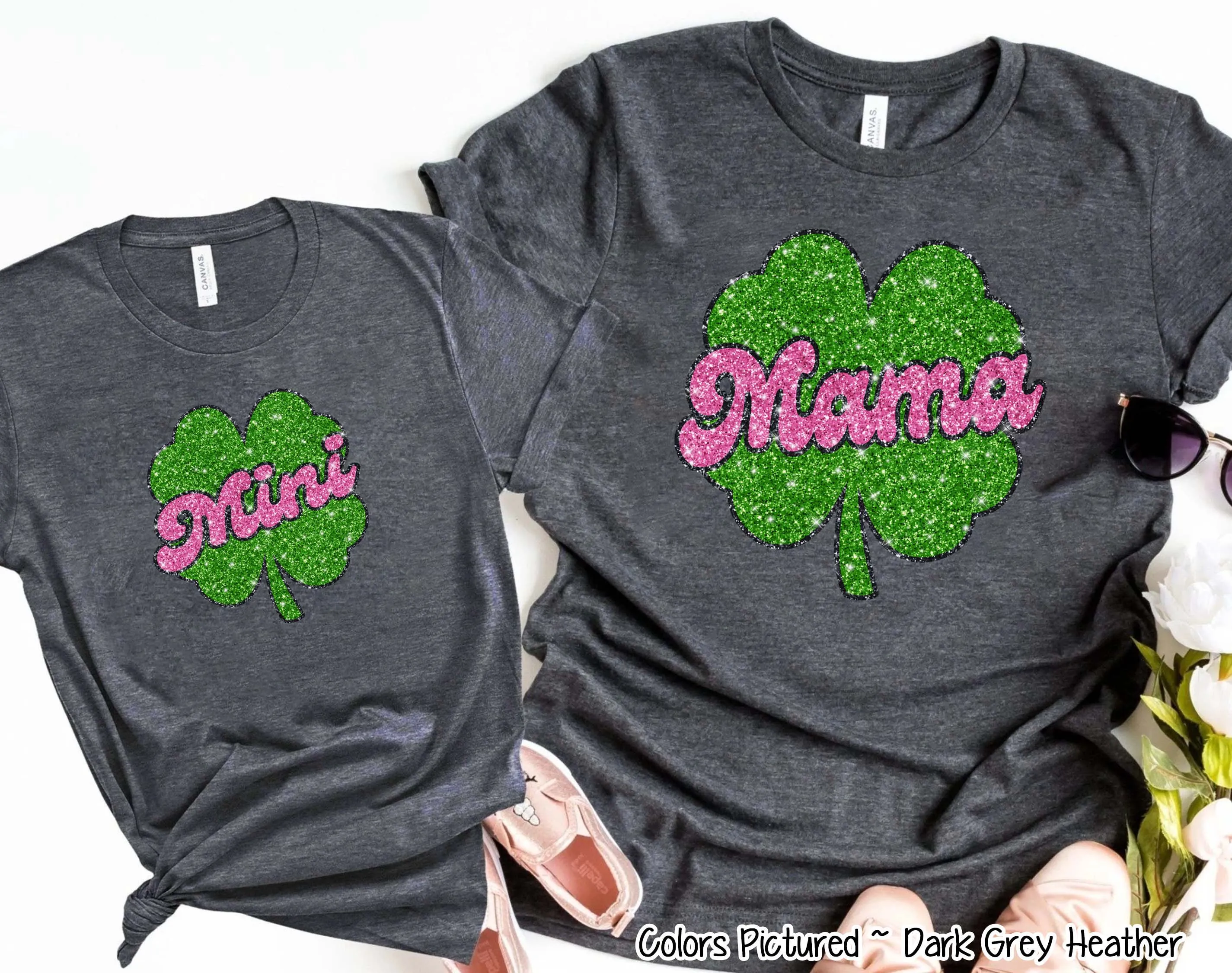 Faux Glitter Mama and Mini Matching Shamrock  St Patricks Tee or Sweatshirt