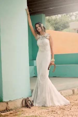 Feather & Appliqué Mermaid Wedding Gown