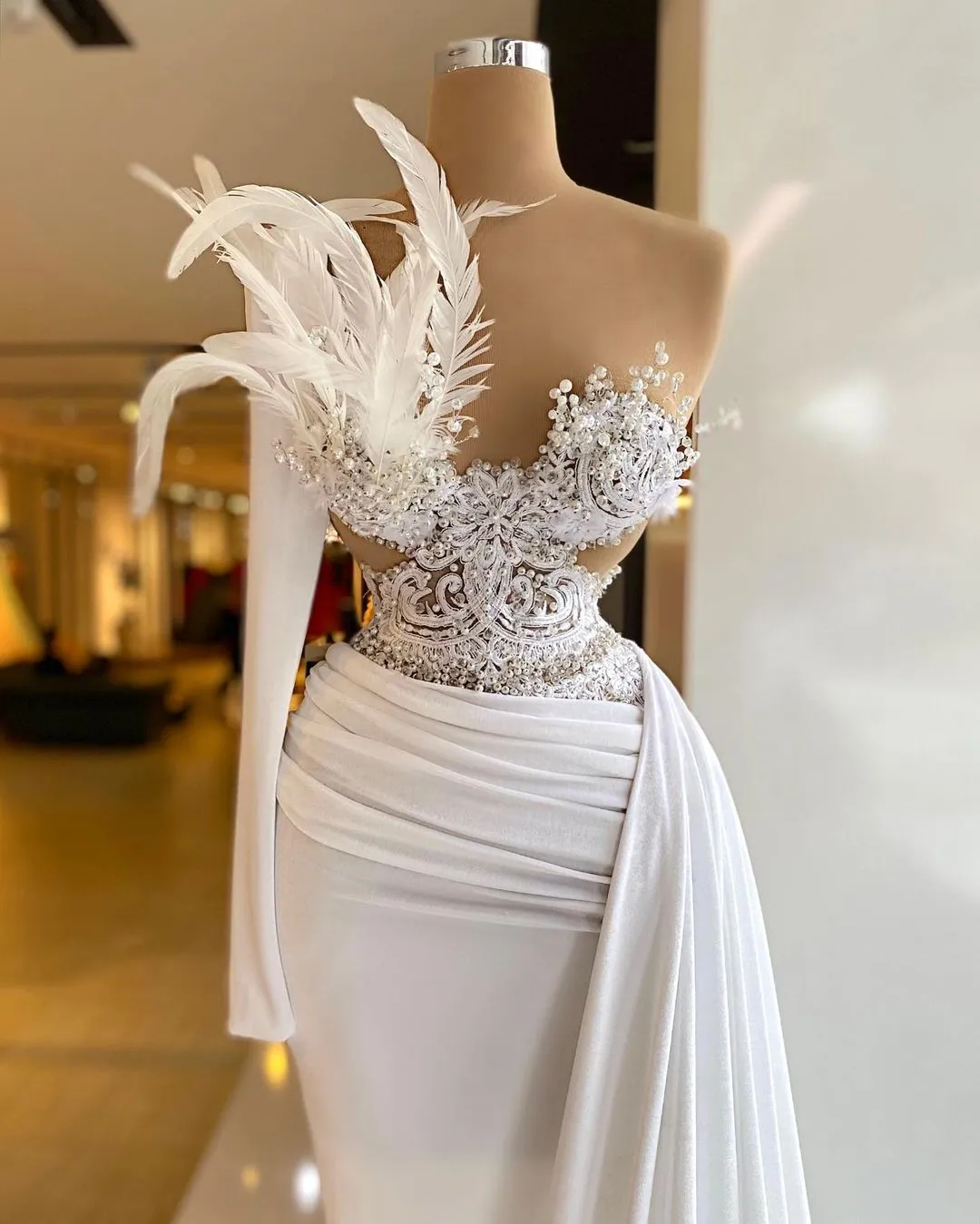 Feather Pearls One Shoulder Lace Appliqués Dress