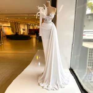 Feather Pearls One Shoulder Lace Appliqués Dress