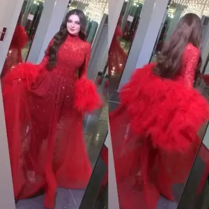 feather prom dresses high neck beaded red luxury sparkly prom gown vestido de fiesta