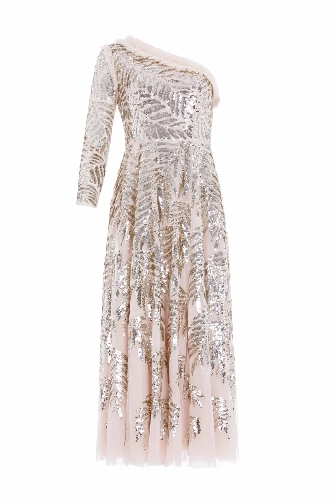 Feather Sequin One-Shoulder Ankle Gown