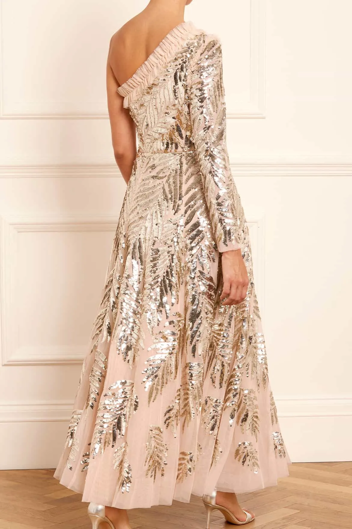 Feather Sequin One-Shoulder Ankle Gown