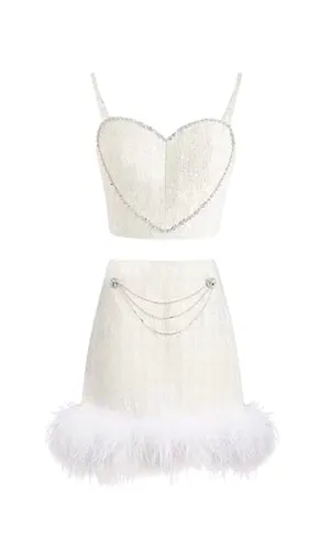 FEATHER SHORT SKIRT SUIT IN WHITE