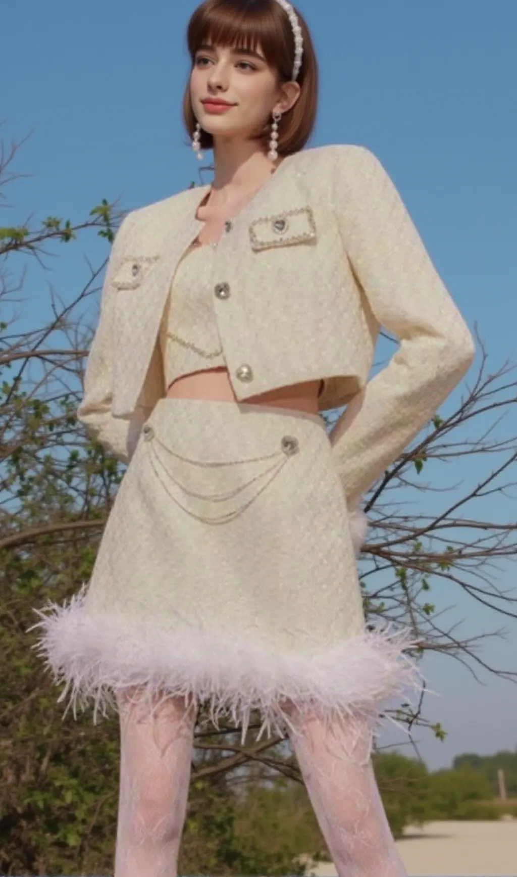FEATHER SHORT SKIRT SUIT IN WHITE