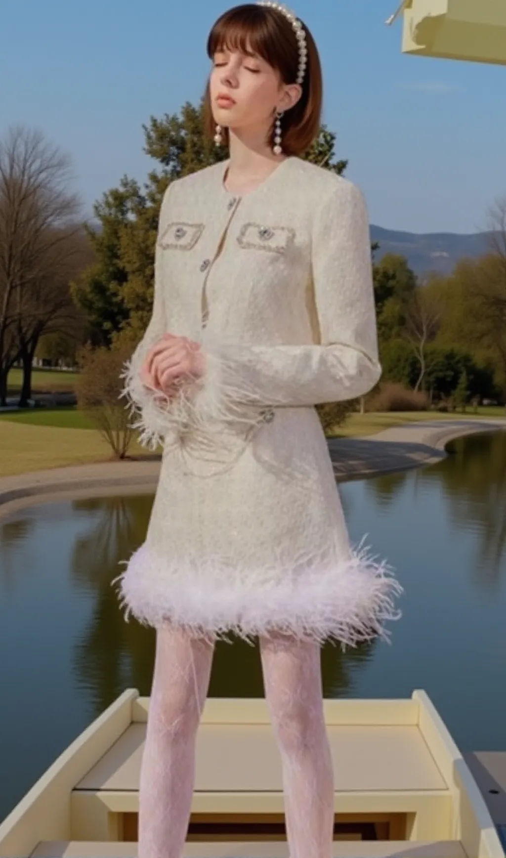 FEATHER SHORT SKIRT SUIT IN WHITE