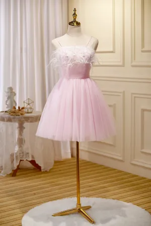 Feather Spaghetti Straps Tulle Short Homecoming Dresses
