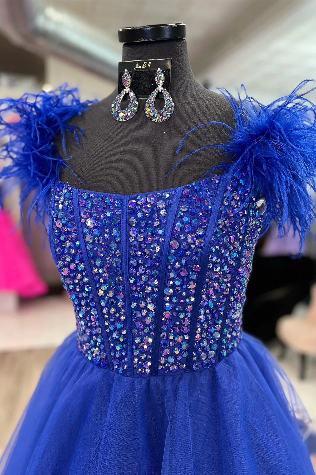 Feather Straps Beaded Blue Tulle Long Formal Dress