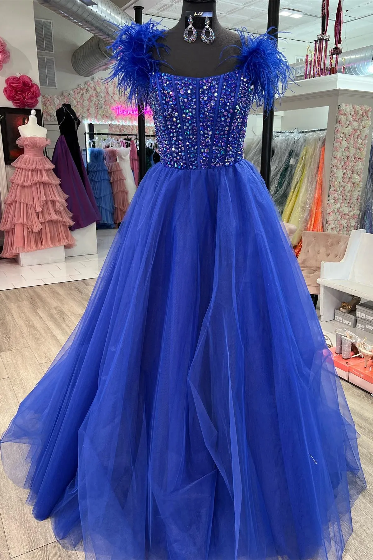 Feather Straps Beaded Blue Tulle Long Formal Dress