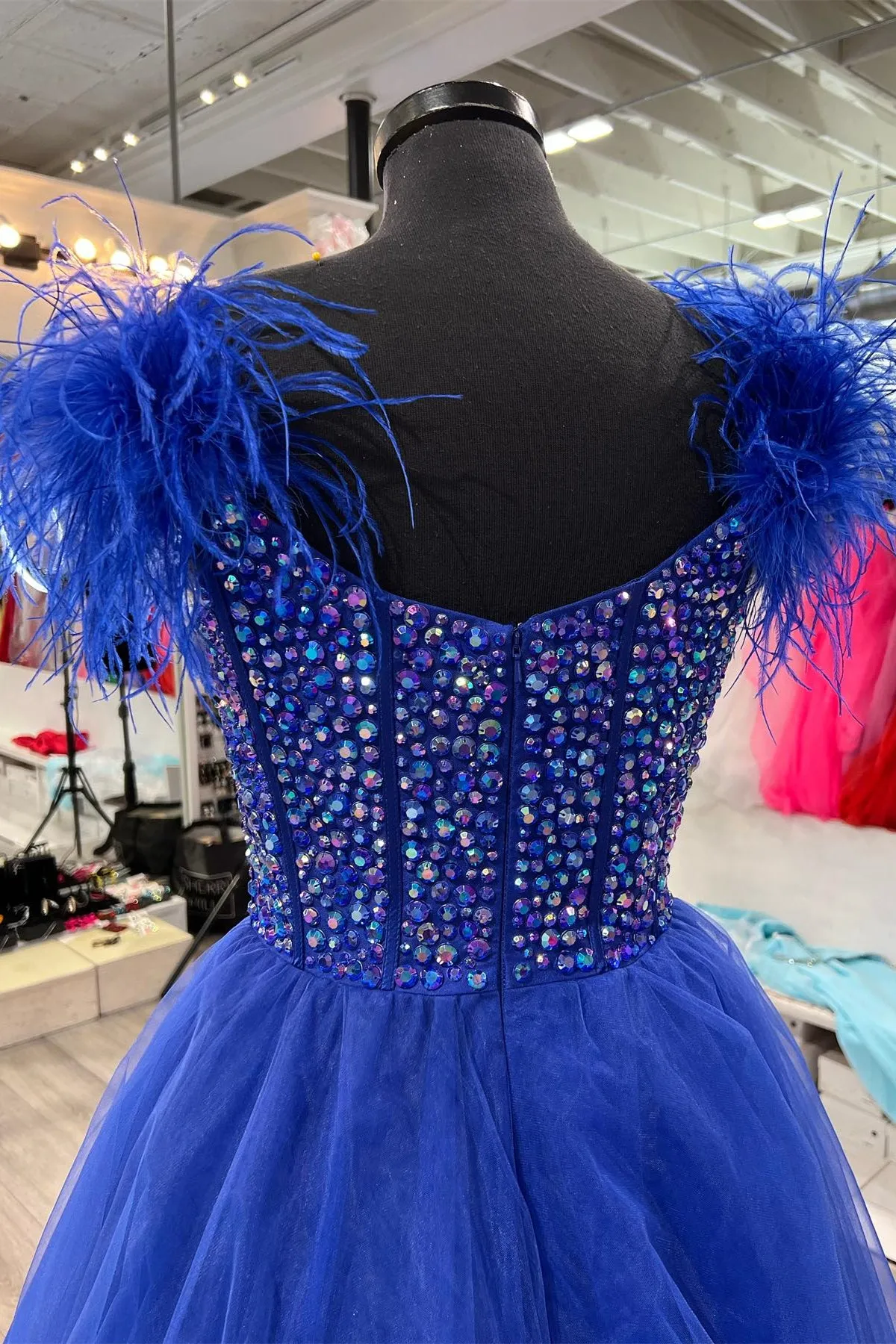 Feather Straps Beaded Blue Tulle Long Formal Dress