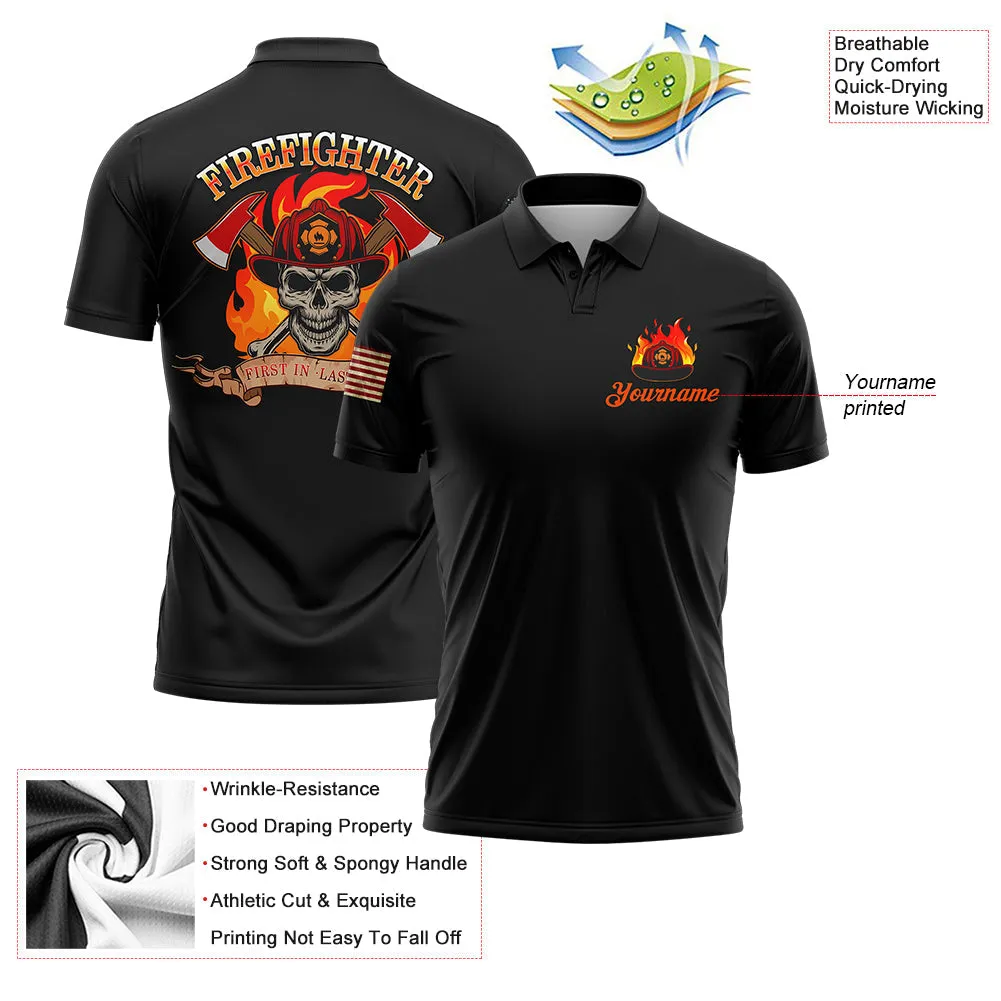 Firefighter First In Last Out Custom Black American Patriot Name Golf Polo Shirt