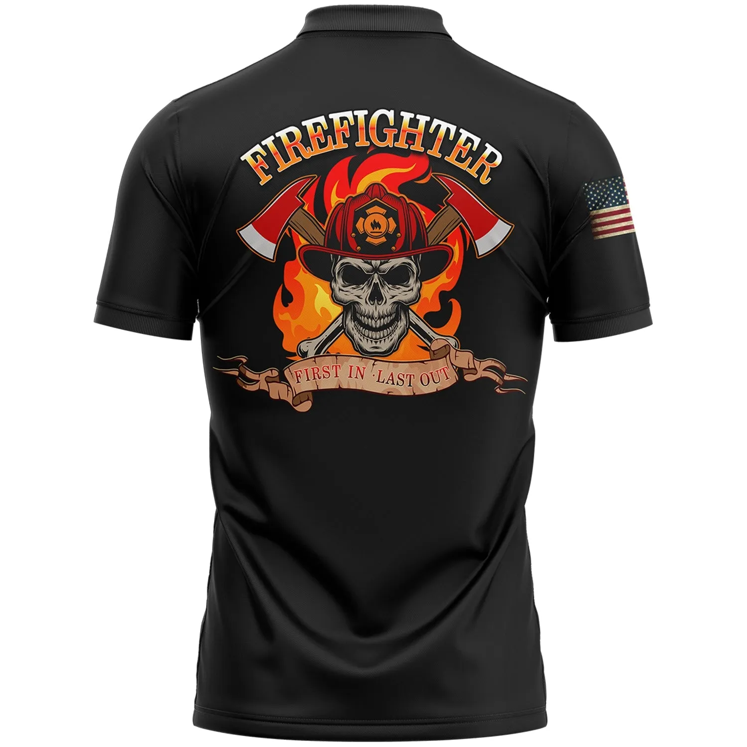 Firefighter First In Last Out Custom Black American Patriot Name Golf Polo Shirt