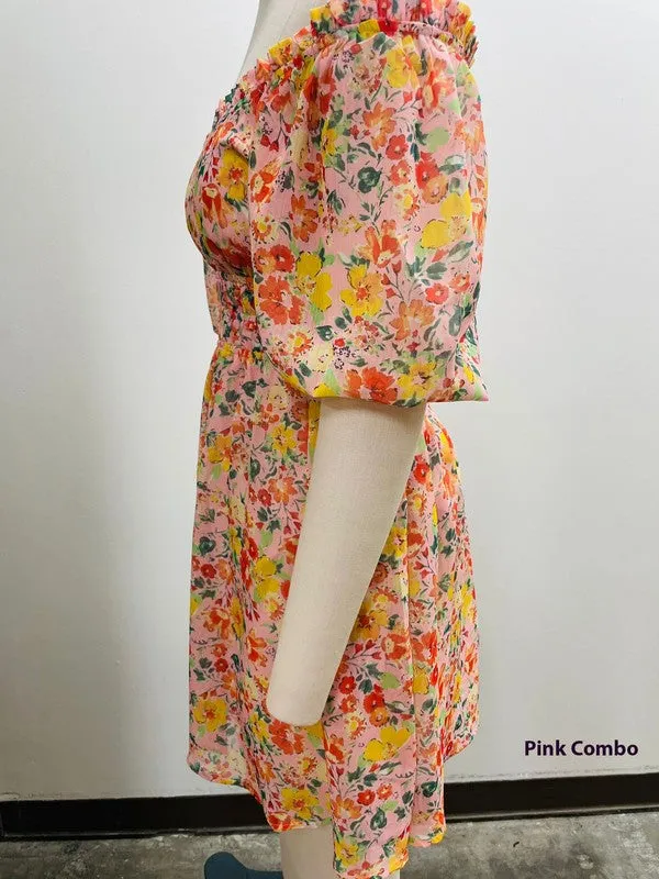 Floral Print Bubble Sleeve Dress