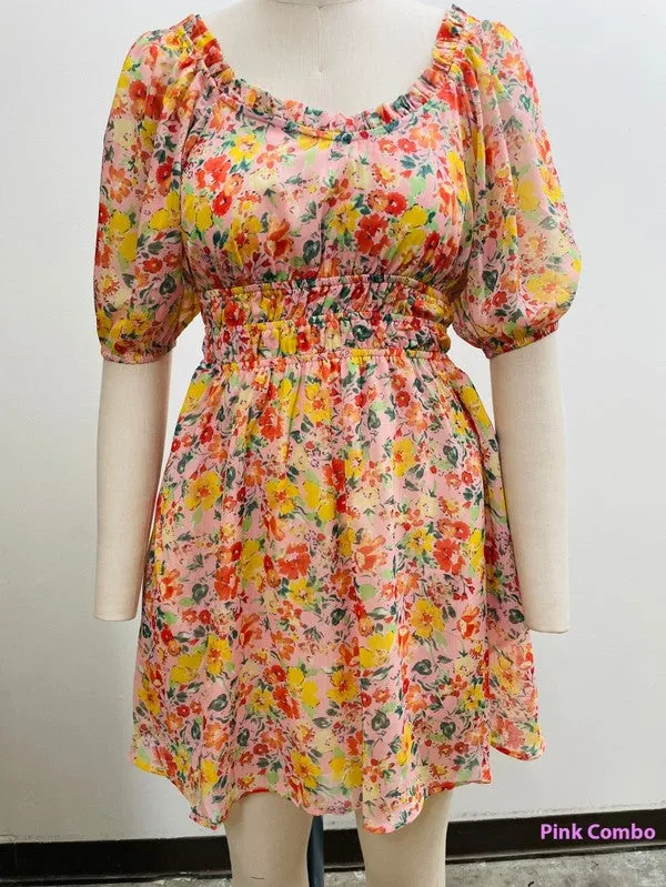 Floral Print Bubble Sleeve Dress